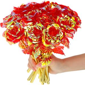 Lyrow 24 Pcs Galaxy Rose Flowers Valentine's Day Gift Flowers with Stems Gift for Her Forever Preserved 24k Fake Crystal Rose for Mother's Day Birthday Wedding Decor, 10'' (Red)