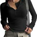 Women's Long Sleeve Tee Shirts Button Down Slim Fitted Basic Henley Tops Fall Ribbed Knit Shirts (Black, M)
