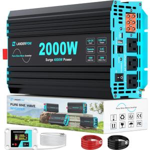 Pure Sine Wave Inverter 2000 Watt, 12V DC to 120V AC Inverters for RV, Truck, Solar, Home, Power Inverter with 3 AC Outlet, 30W USB-C, 5V 3.1A USB, Hardwire Port, Remote Control, Surge 4000W