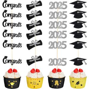 Chinco 100 Pack 2025 Graduation Cupcake Toppers Grad Cap Food Appetizer Picks Cake Graduation Party Decorations Diploma Cupcake Picks for Cake Class of 2025 Graduation Party(Black Silver)