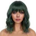 Dark Green Short Bob Wigs with Bangs for Women Loose Wavy Wig Curly Wavy Shoulder Length Bob Synthetic Cosplay Wig for Girl Colorful Costume Wigs