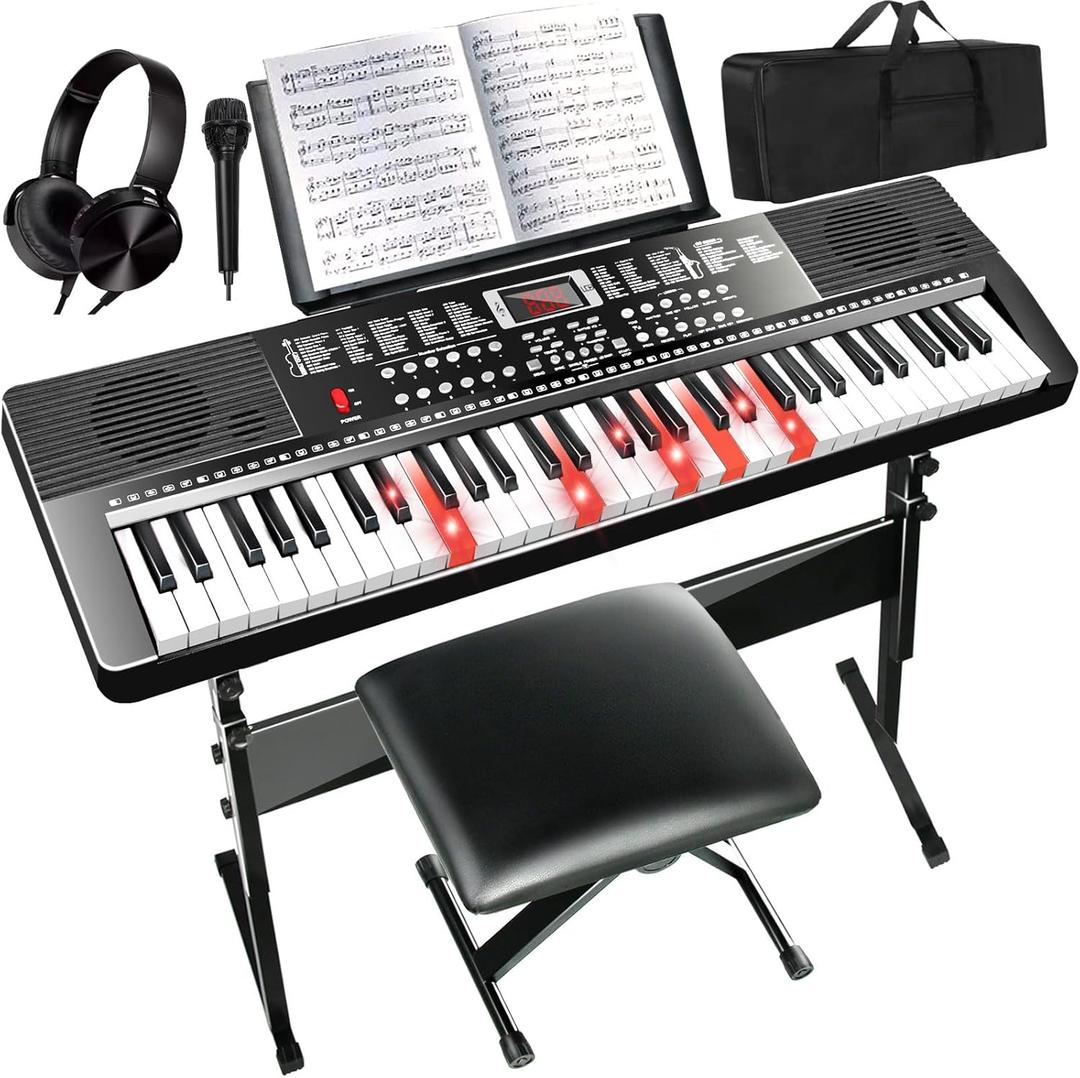 AQNIEGEP 61 Key Electric Keyboard Piano for Beginners & Adults w/Light-Up Keys, Full Set: Stand, Bench, Headphones, Padded Bag, Note Stickers, 70 Demos, 200 Rhythms/Tones, LED Display, Teaching Modes