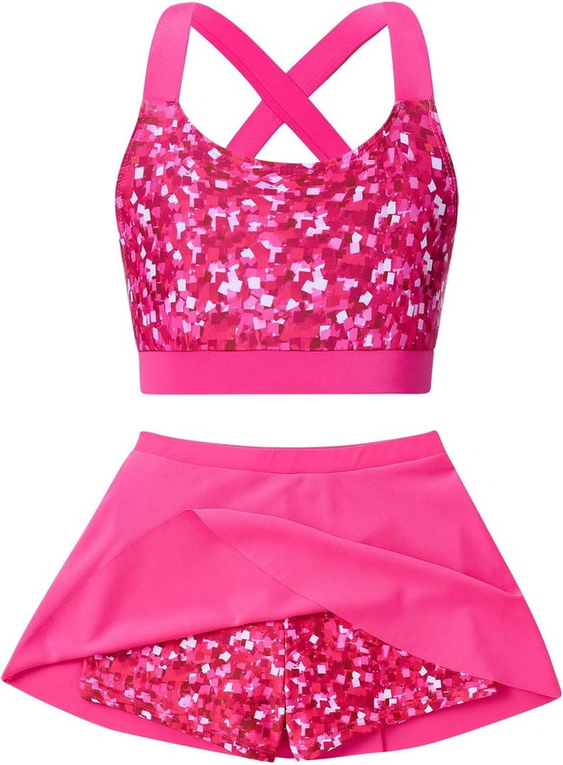 AIDEAONE Girls 2 Piece Swimsuit Size 8-9 Glitter Rose Red Bathing Suits Skirt with Boyshorts Summer Beach Swimwear for Pool Party AIDEAONE Girls 2 Piece Swimsuit Size 8-9 Glitter Rose Red Bathing Suits Skirt with Boyshorts Summer Beach Swimwear for Pool Party
