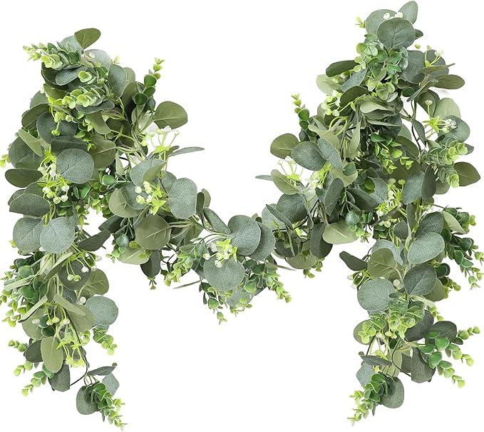MAKHOT 2pcs Artificial Eucalyptus Garland, 5.9FT Greenery Garland Flower Spring Summer Green Garlands Vines Decoration, Fake Silver Dollar Eucalyptus Leaves Vines for Table Home Wedding Party Decor