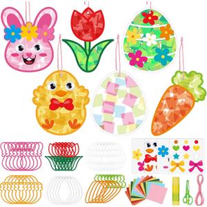 24 Pack Easter Suncatcher Craft Kit Easter Paper Crafts Stained Glass DIY Window Art Kit Bunny Egg Carrot Ornament 1400 Tissue Paper Window Decor for Classroom Art Party Favor Supplies