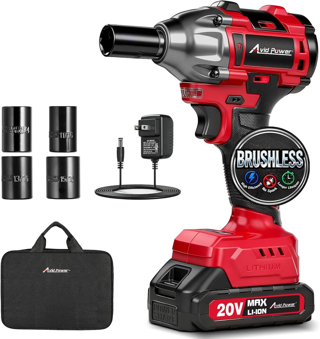 AVID POWER Impact Wrench, 1/2 Impact Gun Brushless Max Torque 332 Ft-lbs (450 N.m), 20V Cordless Impact Wrenches with 2.0 Ah Battery, 2 Variable Speeds, 4PCS Impact Sockets, Charger, Tool Bag