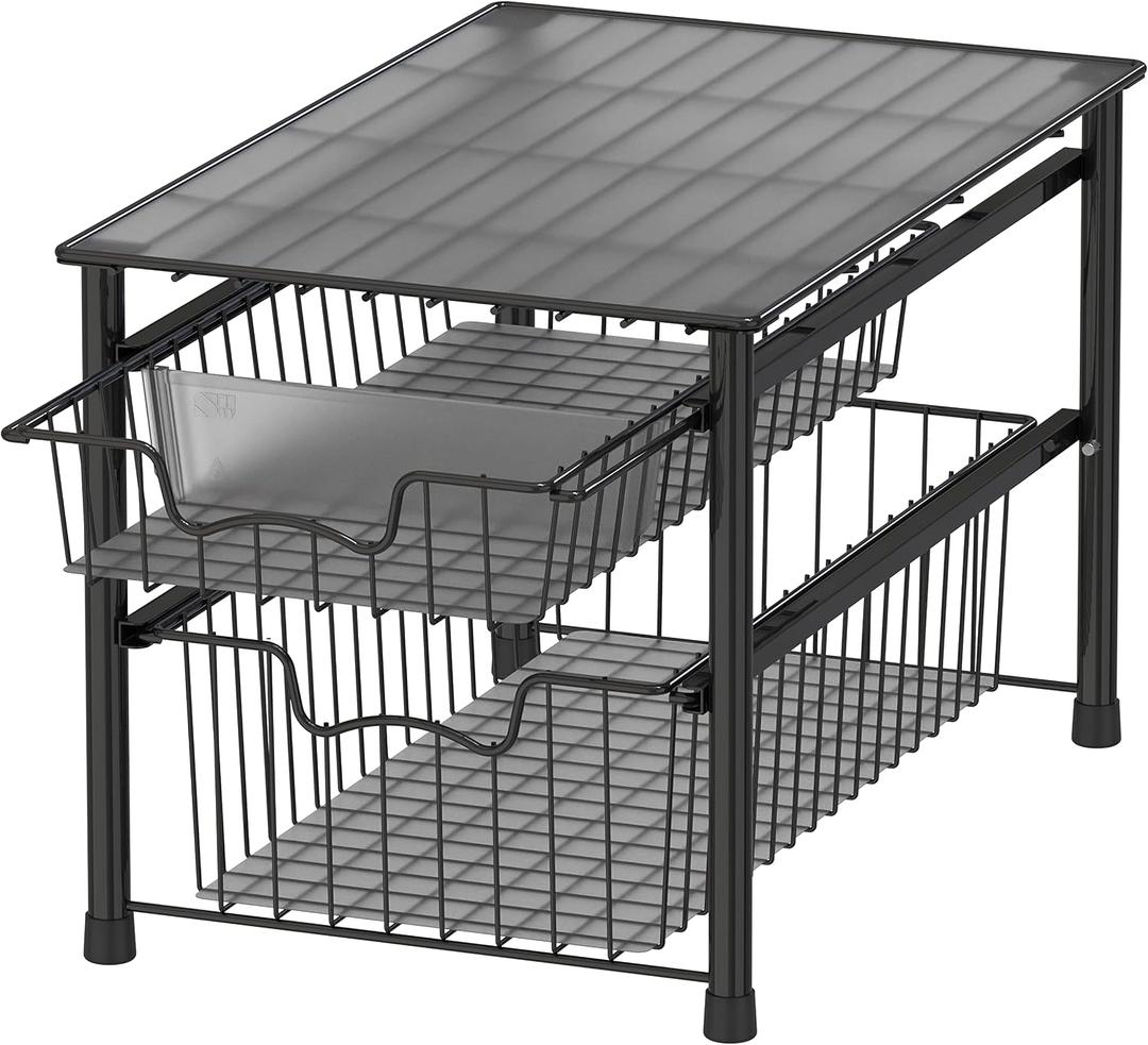 Simple Houseware Stackable Sliding Basket Organizer Drawer, Black, 2-Tier
