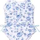 Milumia Girl's Floral One Piece Swimwear Bow Tie Side Spaghetti Strap Swimsuits (12 Years, Blue and White)