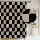 Tititex Retro Checkerboard Grid Pattern 140gsm Faux Linen Fabric Shower Curtain, Black Brown Classical Groovy Wavy Checkered Shower Curtain Sets Decoration 72x72 Inch with Hooks