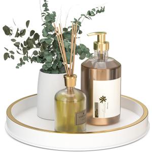 10" Small Gold and White Tray, Lightweight Metal Round Vanity Tray for Bathroom, Candle Holder for Living Room Decor, White Brushed Gold 