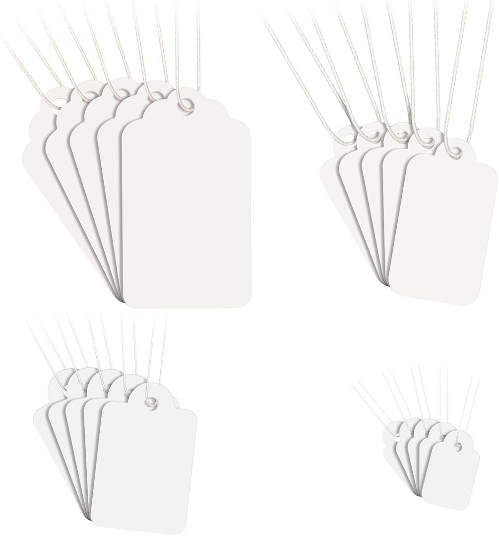 Zonon 1300 Pieces Price Tags with String Marking Strung Blank Paper Tags with Hanging String Writable Display Label for Product Jewelry Clothing, Size Combination(White)
