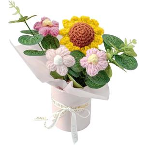 Crochet Medium Sunflower Flower Bouquet: Handmade Knitted Bouquet for Mother's Day Birthday Home Decor Girlfriend Wedding Grandma Bday Gift(Pink) (Pink)