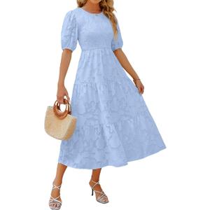 ZESICA Women's 2026 Summer Short Puff Sleeve Crewneck Smocked Floral Lace Flowy A Line Tiered Maxi Dresses (Blue, M)