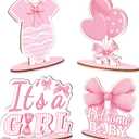 4 Pcs Pink Bow Baby Shower Decorations for Girl Table Wooden Centerpieces It's a Girl Gender Reveal Favors for Guests Coquette Baby Shower Photo Props Summer Supplies