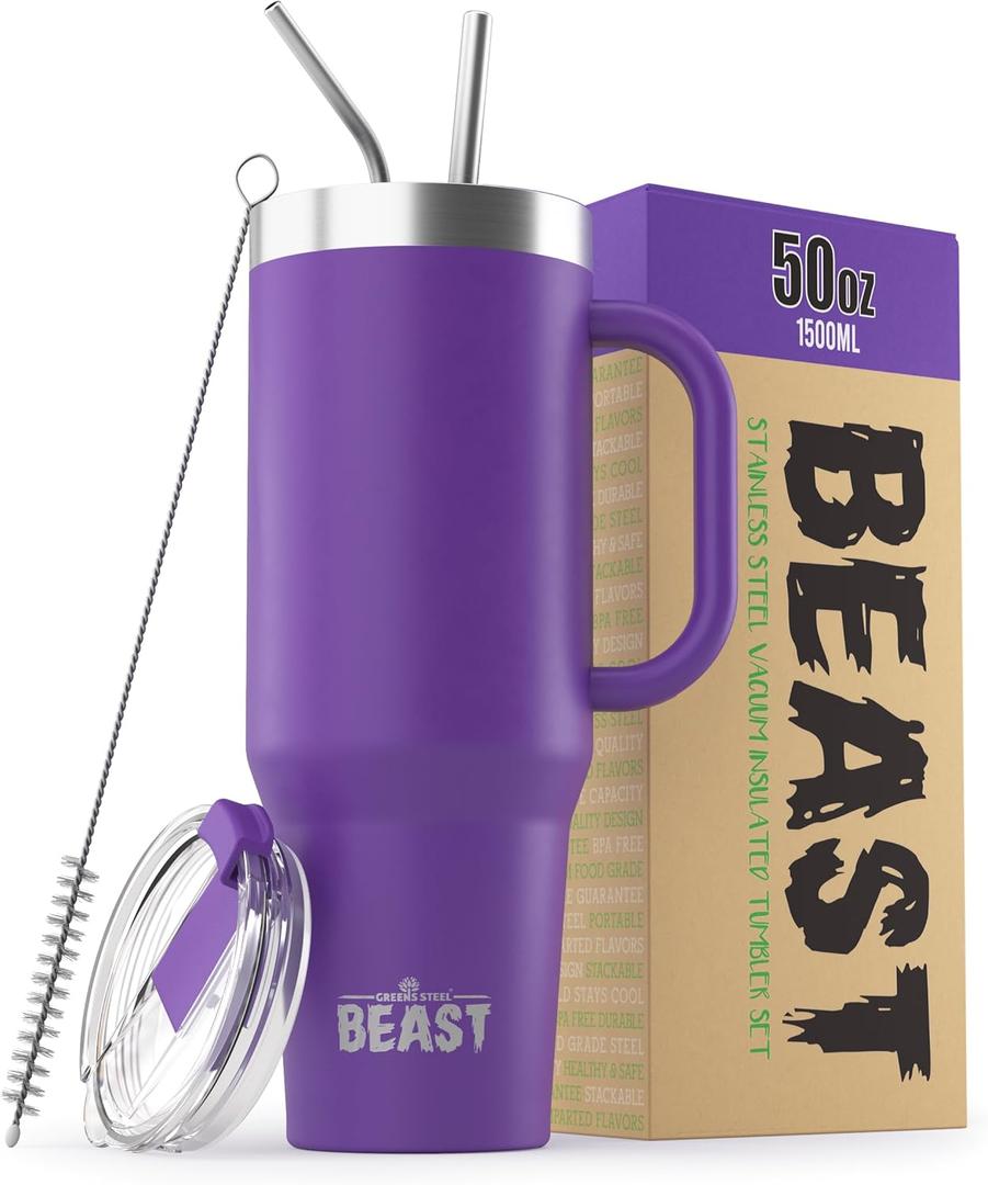 Beast 50 oz Tumbler with Handle Stainless Steel Vacuum Insulated Coffee Ice Cup Double Wall Travel Flask (Deep Purple)
