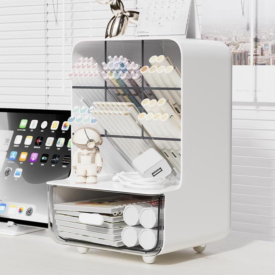 Pen Organizer for Desk, Desk Organizer with Drawer, Multi-Functional Pencil Holder with 6 Compartments and 1 Drawer Organization Storage Accessories for Office Home School Workspace (White)