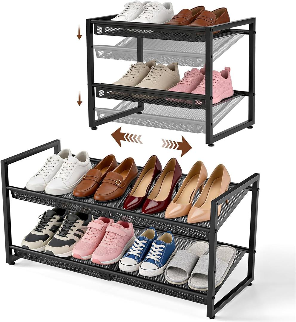 Expandable Shoe Rack, 2 Tier Adjustable Shoe Organizer with Flat & Slant Dual Use Design, Space Saving Shoes Stand for Closet & Entryway, Sturdy Dense Metal Grid Shoe Holder for High Heels, Sneakers