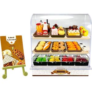 86 Pieces Miniature Bakery Case Cake Stand Display Cabinet with Food Set Mini Plastic Counter Dessert Donuts for 1:12 Doll House Store Scene Decoration Gift Dollhouse Bread Shop Model Playhouse