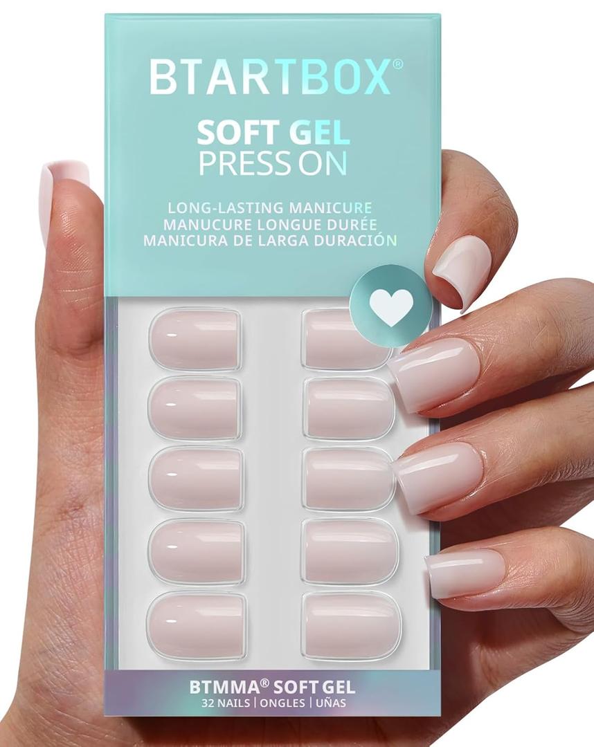 BTArtbox Press On Nails Square - Pastel Short Press On Nails with Glue for Women, Opaque Soft Gel Glue On Nails in 16 Sizes - 32 Stick On Nails Kit, Heeled Neutral