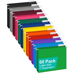 HERKKA Extra Capacity Hanging File Folders, 60 Pack Reinforced Letter Size Hanging Folders with Heavy Duty 1 Inch Expansion, Designed for Bulky Files, Medical Charts, 12 Assorted Colors