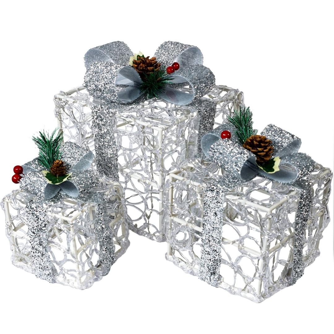Festive Set of 3 LED Light Up Christmas Boxes, Battery Operated, Timer, 8 Patterns, 60 LEDs - Indoor/Outdoor Décor