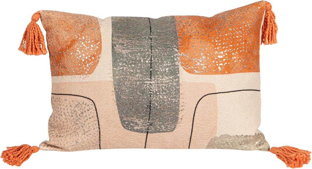 Bloomingville Cotton Jacquard Printed Lumbar Pillow with Abstract Design and Tassels, Multicolor, 20” L x 14” H