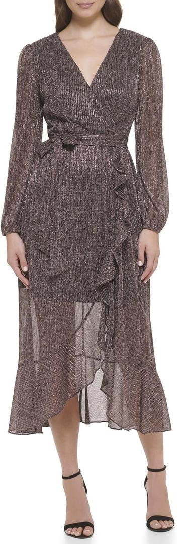 Kensie Womens Balloon Sleeve Tie Waist Midi Dress (4, Rose Gold)