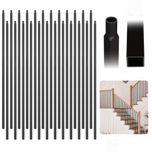 32 Pcs Wrought Iron Balusters for Staircase, 1/2" x 44" Inch Square Metal Stair Balusters for Interior Railing Remodel, Modern Black Straight Hollow Iron Baluster for Handrail Railing System