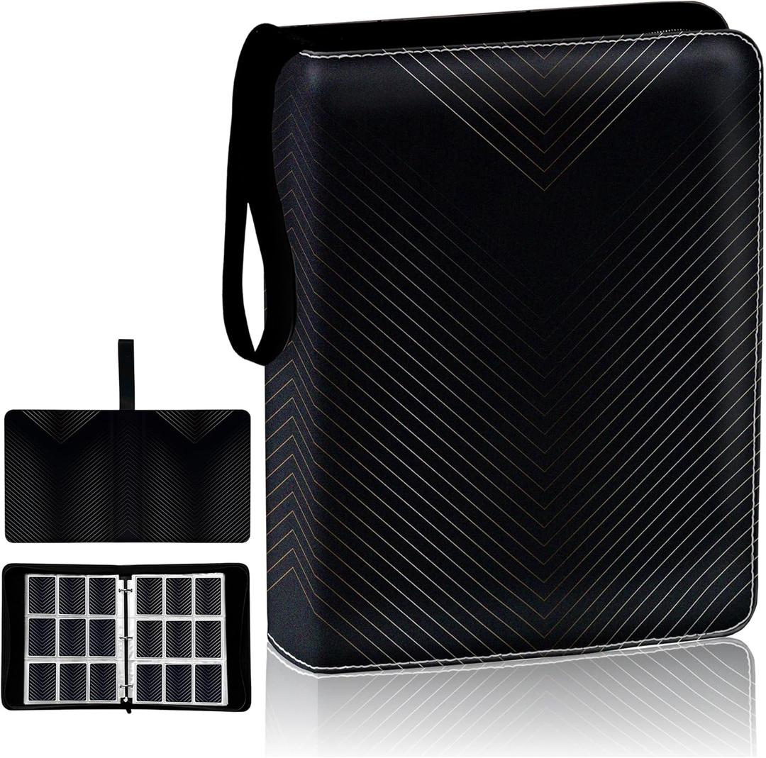 Premium Black Trading Card Binder with Handle 900 Card Capacity, 50 Double-Sided 9-Pocket Sleeves, PU Leather Zippered Design, Velvet Lining, Includes Bonus Clear Card Holder 13" x 10.5" x 1.8"