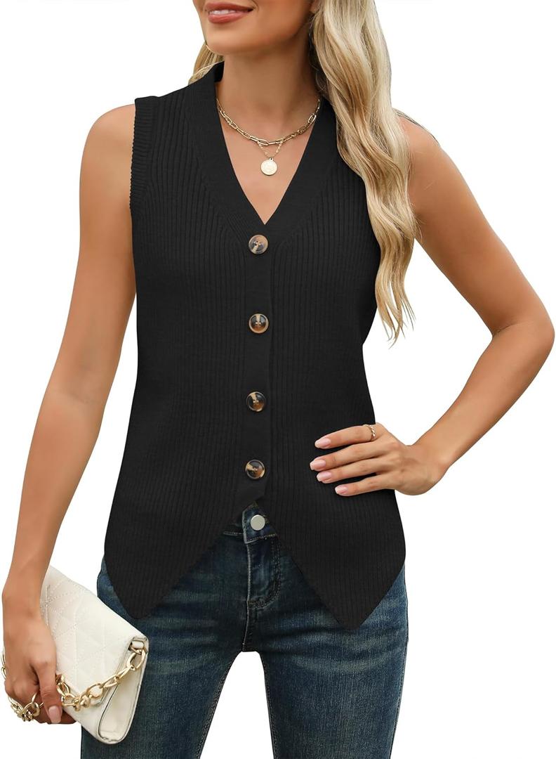 Rapbin Womens Sweater Vest Button Down Sleeveless V Neck Tank Tops 2024 Fashion Trendy (Small, Black)