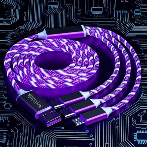 SvyiLink USB Cable PD Fast Charger Lighted Up (USB 3IN1 Purple),Phone Data Cable, Flowing Light Charging Cable, 39-inch, TPE Material, Compatible with Almost All Phones, Tablets, and Headphones