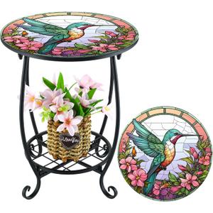 Cinnvoice Outdoor Side Table Round Small Mosaic Patio Accent Indoor End Plant Metal Coffee Tea Table for Yard Porch Garden Patio Living Room, Bedroom(Hummingbird Style,14 Inch)