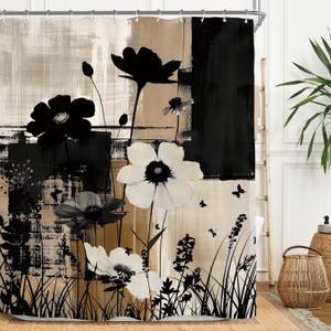 Miyotaa Abstract Modern Plant Flower Shower Curtain Set 60Wx71H Inches Black Tan Contemporary Minimalist Brushstroke Botanical Art Waterproof Bathroom Curtain with 12 Hooks