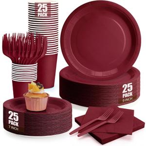 Burgundy Plates and Napkins Party Supplies, Include 9Disposable Burgundy Paper Plate, 7Dessert Plates and Cups and Napkins Forks Set for Birthday, Anniversaries, Wedding, Serves 25