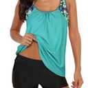 Zando Plus Size Tankini Swimsuit for Women Two Piece Womens Swimsuits Tummy Control Athletic Bathing Suit for Women Top with Shorts Swim Dress Tankini Tops with Shorts Green Floral, Size: 3XL