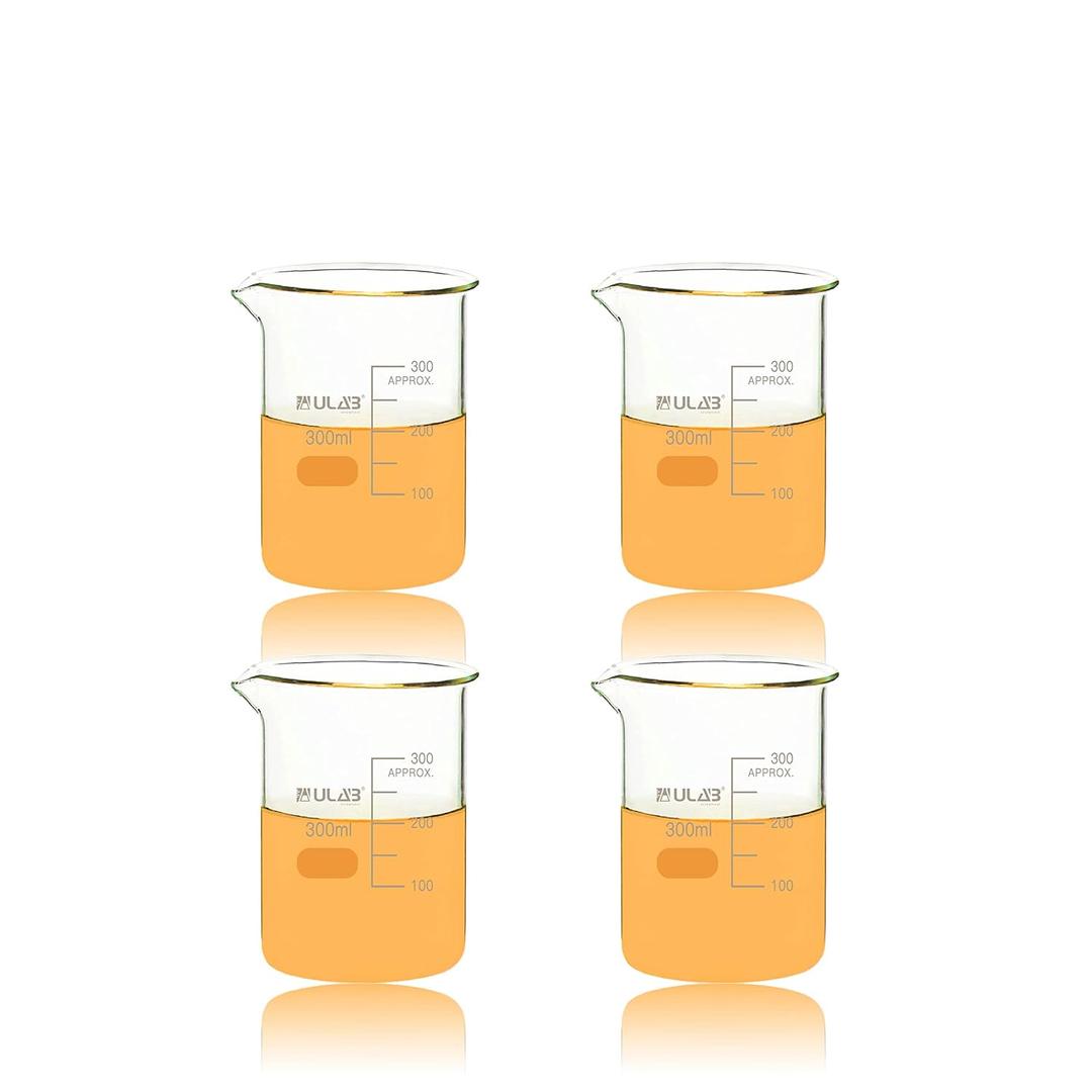 ULAB Scientific Glass Beakers, Vol. 300ml, 3.3 Borosilicate Griffin Low Form with Printed Graduation, Pack of 4, UBG1034
