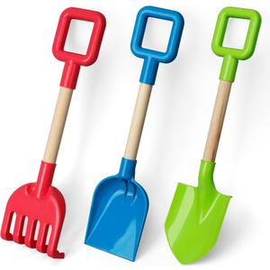 Dilabnba 16'' Kids Beach Shovels Sand Spades Toys Garden Tools, Wood Handle ABS Plastic Spade Rake Scoop for Digging Sandbox Gardening Snow Backyard Summer Outdoor Toy 3-Pack, Blue/Green/Red