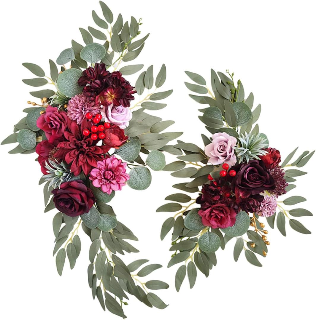 Faux Flower Swag Set of 2, Burgundy Artificial Flowers Swags for Wedding Arch, Wedding Welcome Signs, Welcome Reception Ceremony Signs Decorations