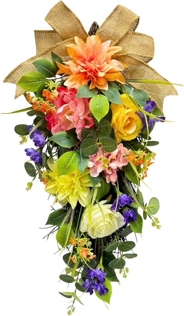 Svndlyn Spring Summer Floral Teardrop Swags Lighted Mixed Flower Teardrop Wreath with Dahlia Pinnata Peonies Rose Burlap Bow and Eucalyptus Leaves Floral Arrangement for Door Wall Mantel Window