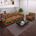 Stretch Couch Covers for 4 Separate Cushion Couch Sofa-Floral Printed Couch Sofa Cover,Washable Sofa Slipcover,Pet Friendly Furniture Protector with Elastic Bottom,Universal Fit for Home(Couch,Cover) (X-Large, Block Pattern+orange)