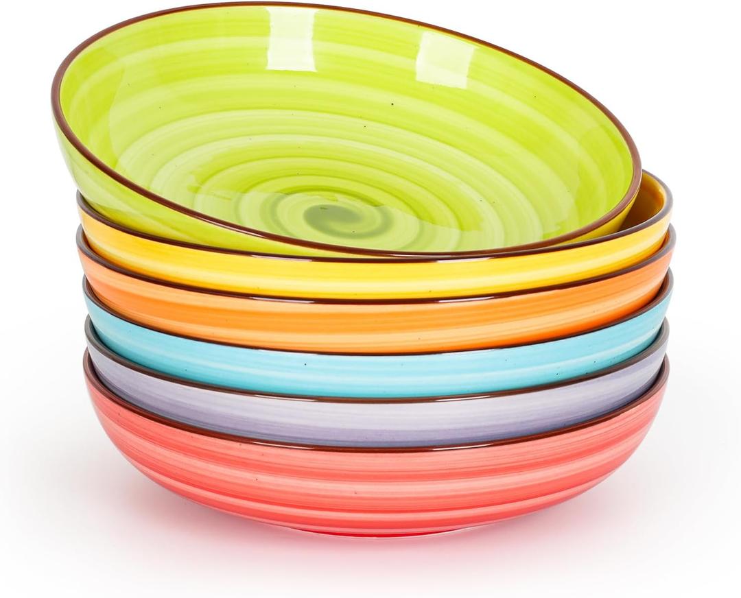 KitchenTour Pasta Bowls, Ceramic Salad Bowls Serving Bowl Set 26 oz, 8 Inch Colorful Porcelain Wide and Shallow Bowls Set - Dishwasher and Microwave Safe - Set of 6