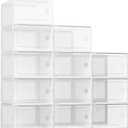 Kuject XX-Large Shoe Storage Boxes Organizers Clear Plastic Stackable 12 Pack, Shoe Rack & Holder Substitute, Sneaker Containers, Toy Storage Organizer Bins for Entryway, Closet, Under Bed, White