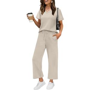 WIHOLL 2 Piece Sets for Women Summer Lounge Set Wide Leg Pants Matching Set Vacation Travel Outfits Beach Clothing (Medium, Beige)