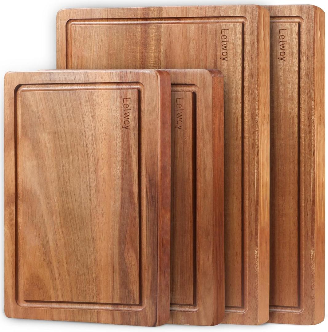 Wood Cutting Boards for Kitchen, Large Cutting Board Set of 4, Wooden Cutting Boards with Juice Grooves, Chopping Board for Meat, Veggies, Easy Grip Handle (Double 17x12, 12x9, 12x8 inch)