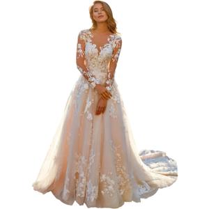 Miao Duo Women's Plus Size Ivory Lace Tulle Appliqued Long Sleeves Wedding Dress for Women Ivory Bridal Gowns 2025 18W