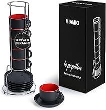 MIAMIO - 2.5 oz Espresso Cup Set with Saucers Coffee Mug Set of 6 - Ceramic Coffee Mug Stackable Espresso Mug with Stand for Coffee Drinks, Latte, Cafe Mocha - Le Papillon Collection (Red)