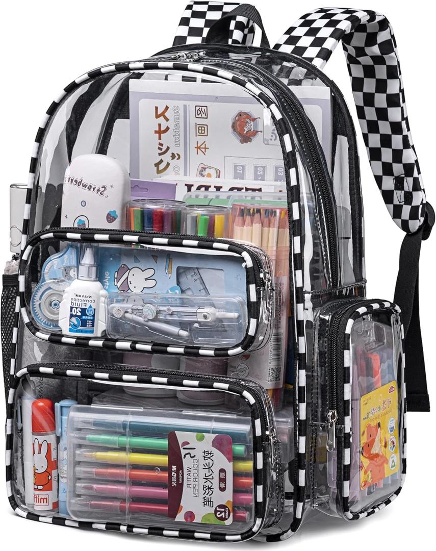 BTOOP Clear Backpack Heavy Duty Transparent Backpack 17" See Through Bookbag for College Work Festival Security with Padded Strap Large Capacity (Black White Check)