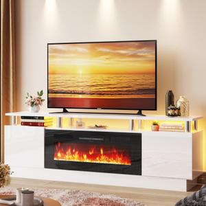70" Fireplace TV Stand, 2-Tier LED Entertainment Center with 36" Fireplace, Fits TVs up to 80", Modern High Gloss TV Console with LED Lights & Storage Cabinets for Living Room, White + Black