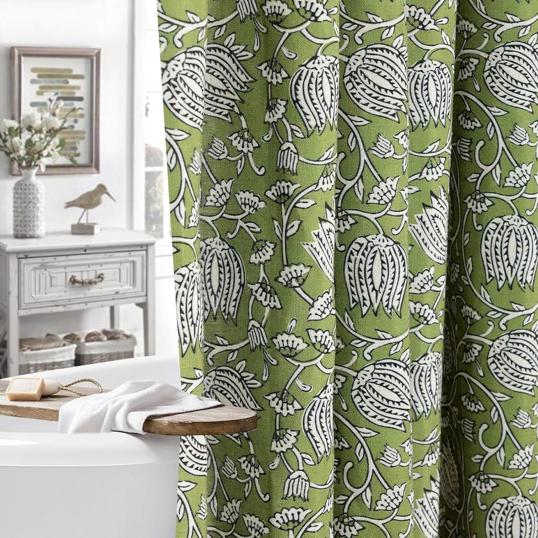 MUGINYU Sage Green Floral Shower Curtain Vintage Block Print - 72x72 Inches, Cotton Blend Cloth Fabric Farmhouse Decorative French Country Bathroom Decor, Cottagecore Aesthetic Pattern