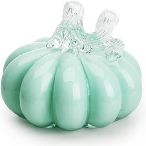 QFkris 4inch Hand Blown Glass Pumpkin Figurine Collectibles Art Glass Halloween Pumpkin Decor Table Accent for Fall Harvest Decorating, Turquoise